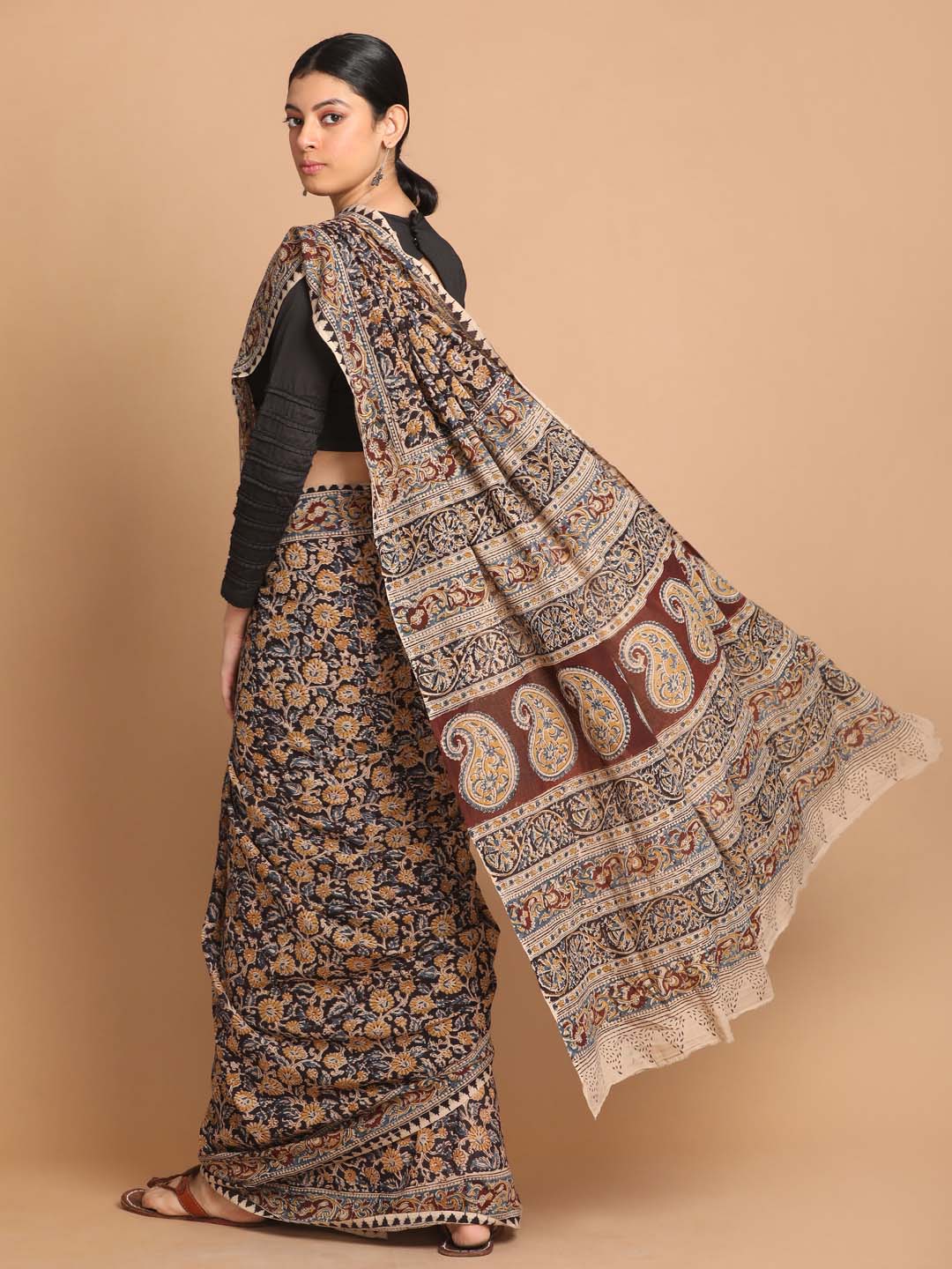 Indethnic Kalamkari Handblock Mulmul Cotton Saree - View 3