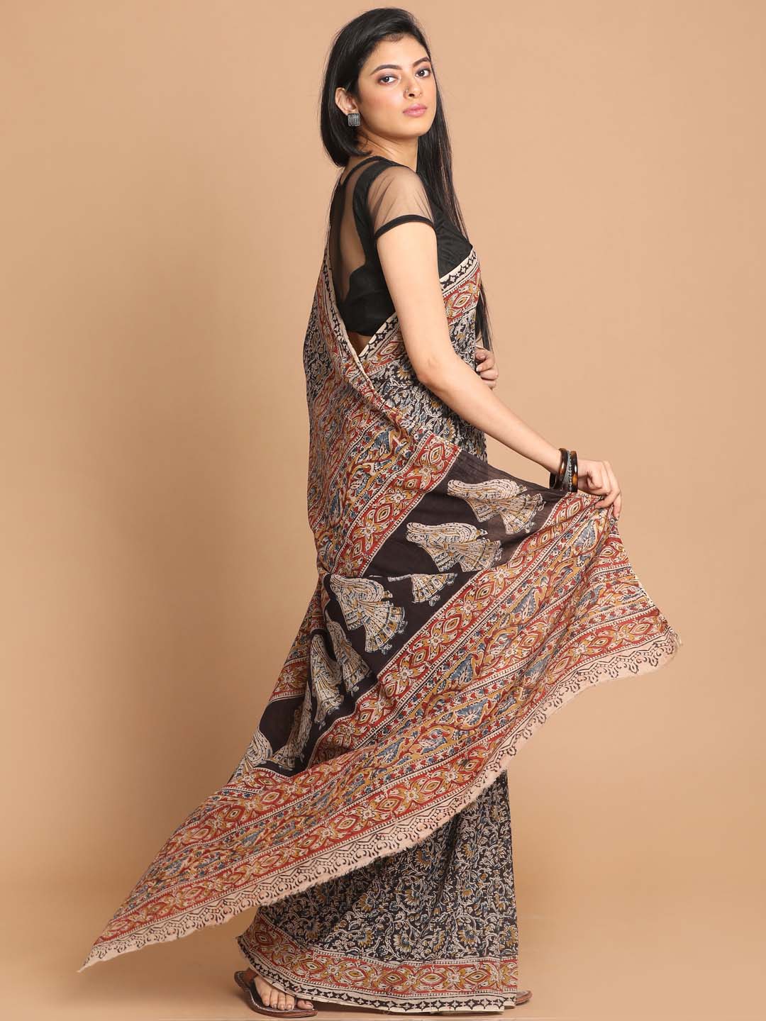 Indethnic Kalamkari Handblock Mulmul Cotton Saree - View 2