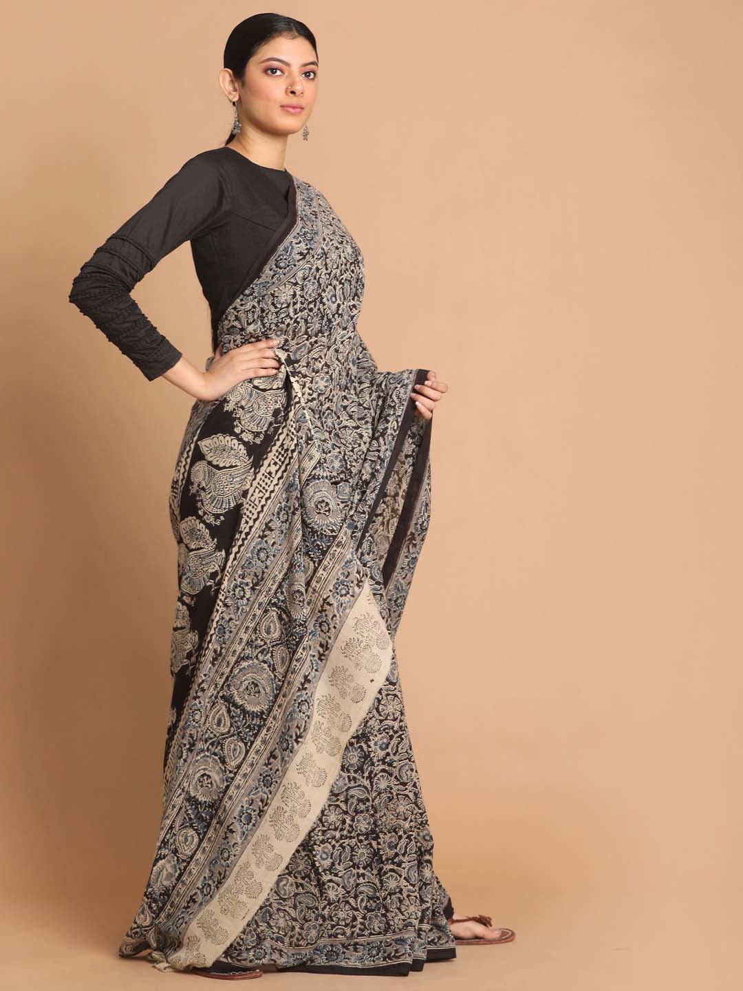 Indethnic Kalamkari Handblock Mulmul Cotton Saree - View 3