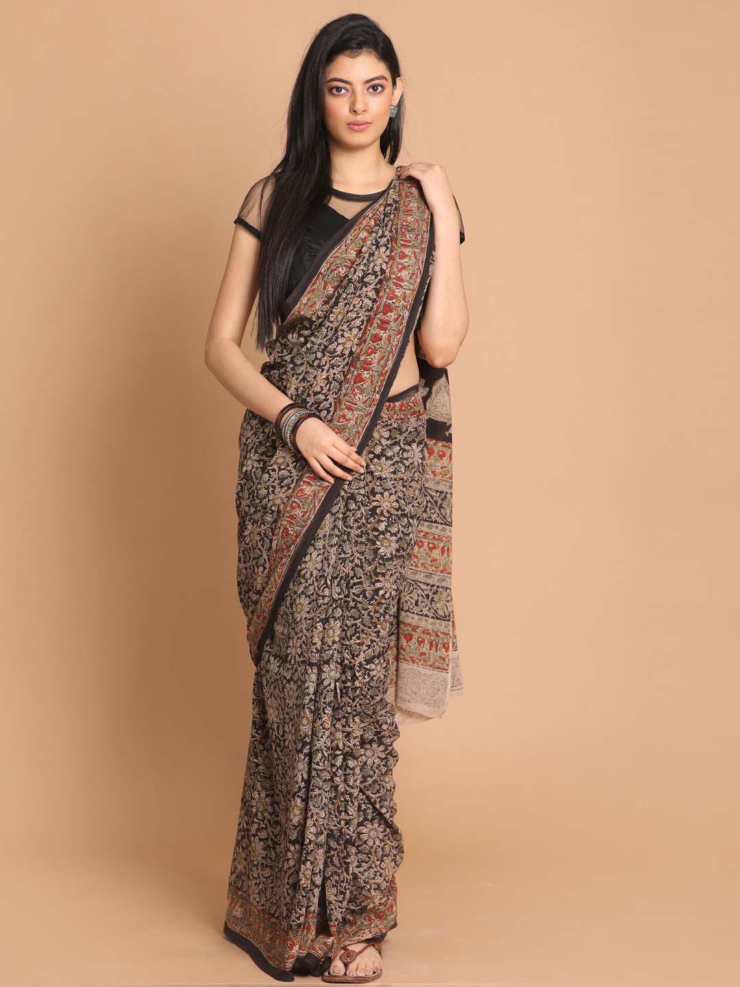 Indethnic Kalamkari Handblock Mulmul Cotton Saree - View 1