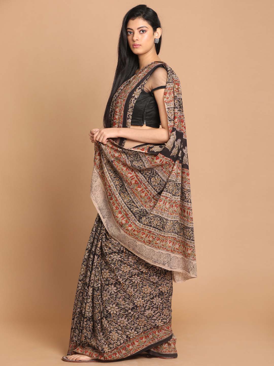 Indethnic Kalamkari Handblock Mulmul Cotton Saree - View 2