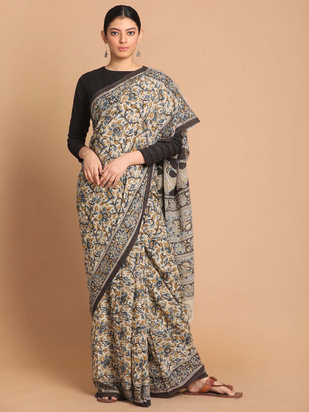 Indethnic Kalamkari Handblock Mulmul Cotton Saree - View 1