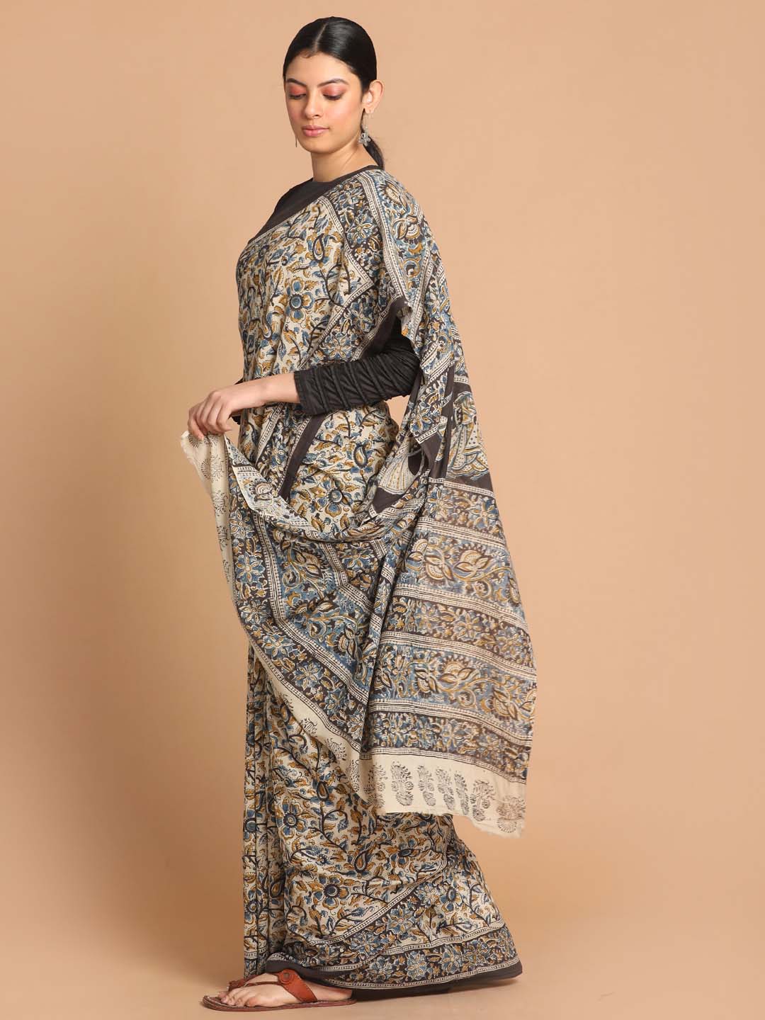 Indethnic Kalamkari Handblock Mulmul Cotton Saree - View 2