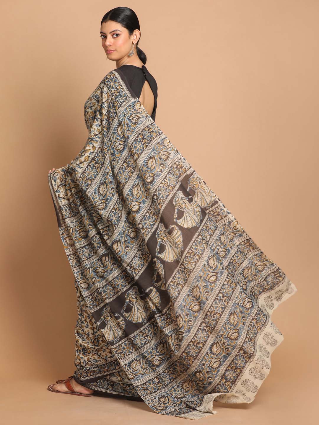 Indethnic Kalamkari Handblock Mulmul Cotton Saree - View 3