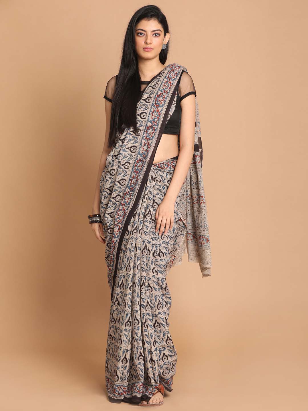 Indethnic Kalamkari Handblock Mulmul Cotton Saree - View 1
