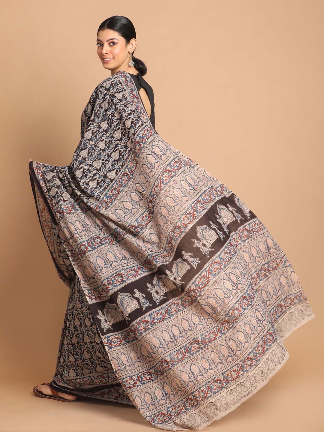 Indethnic Kalamkari Handblock Mulmul Cotton Saree - View 3