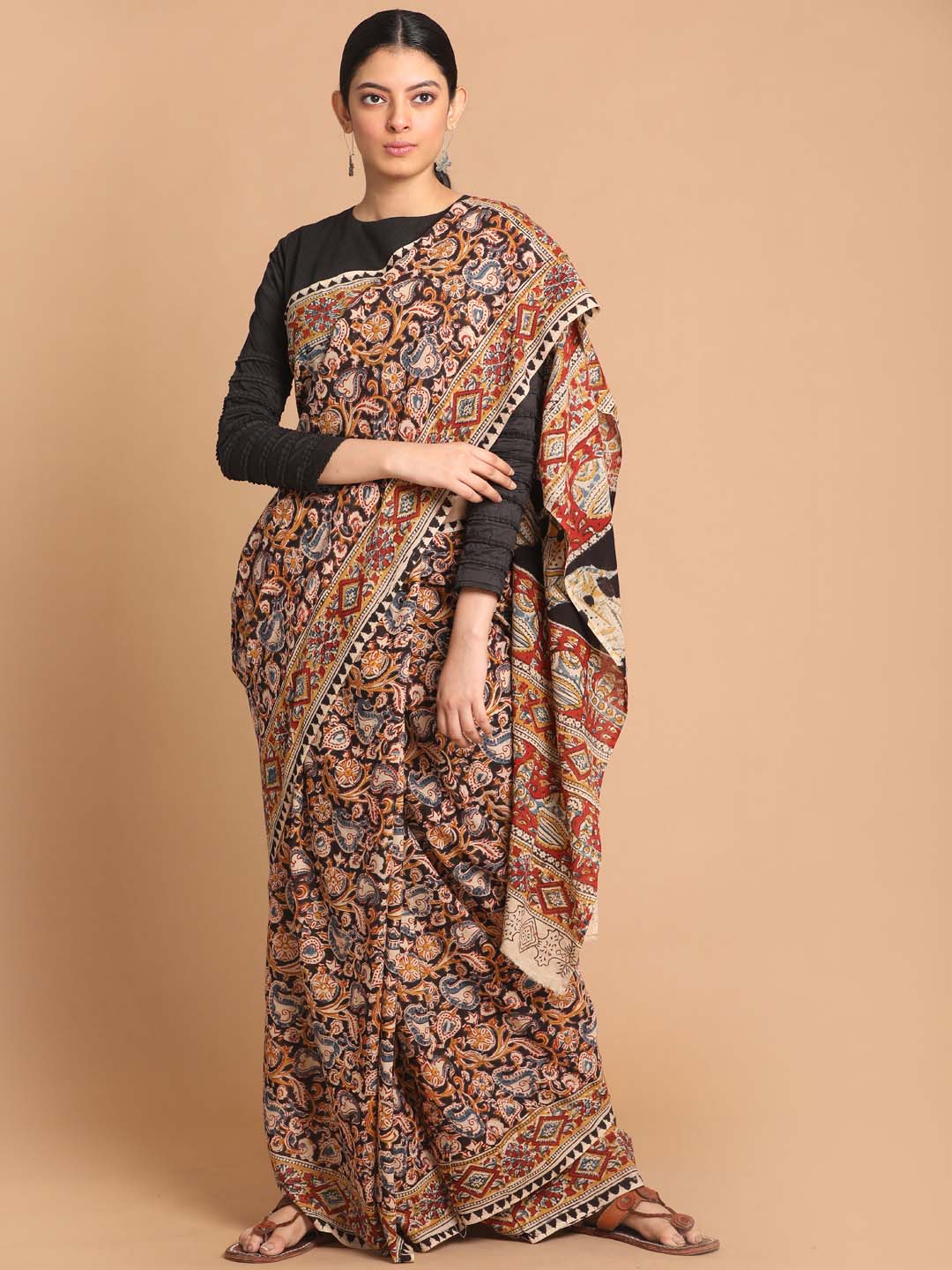 Indethnic Kalamkari Handblock Mulmul Cotton Saree - View 1