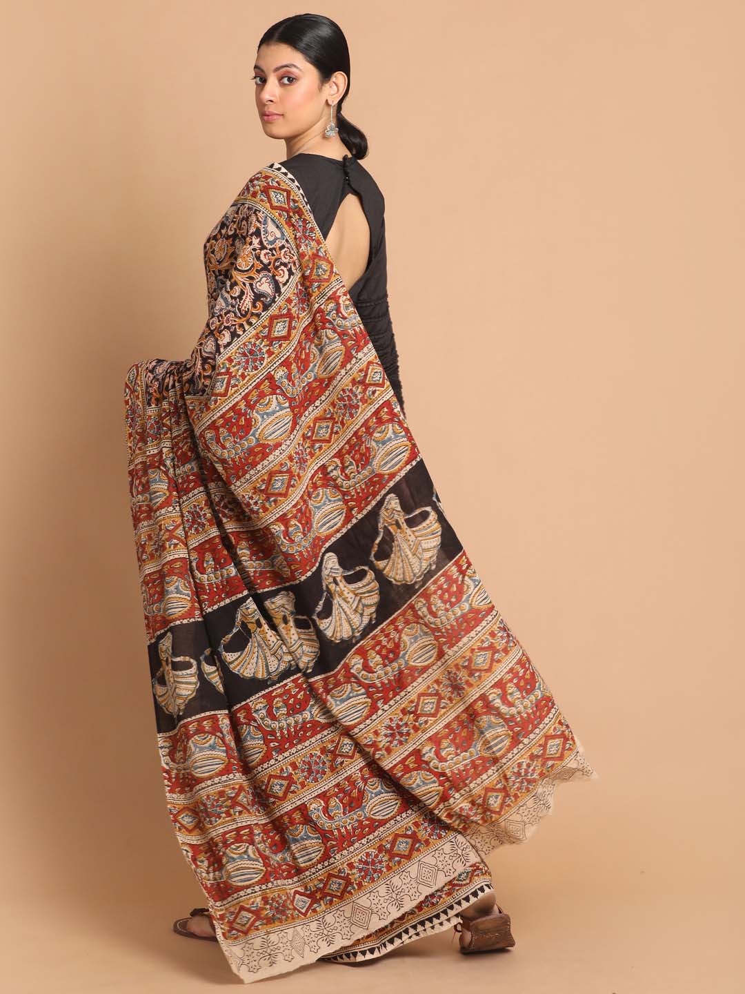 Indethnic Kalamkari Handblock Mulmul Cotton Saree - View 3