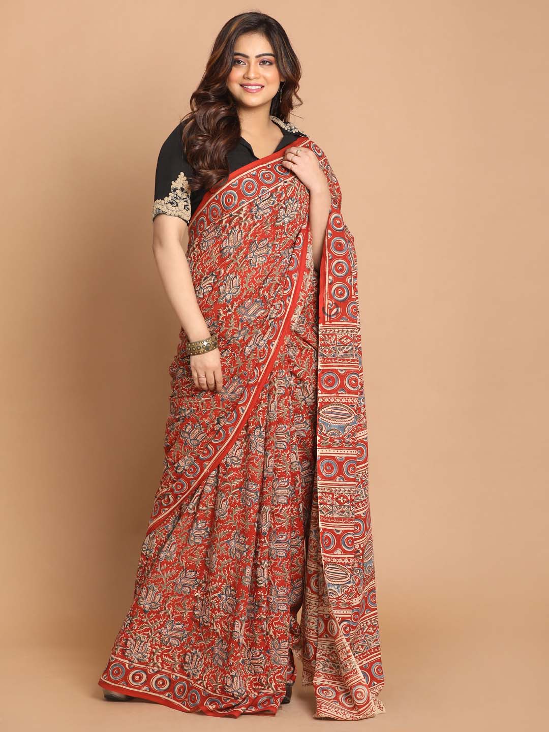 Indethnic Kalamkari Handblock Mulmul Cotton Saree - View 1