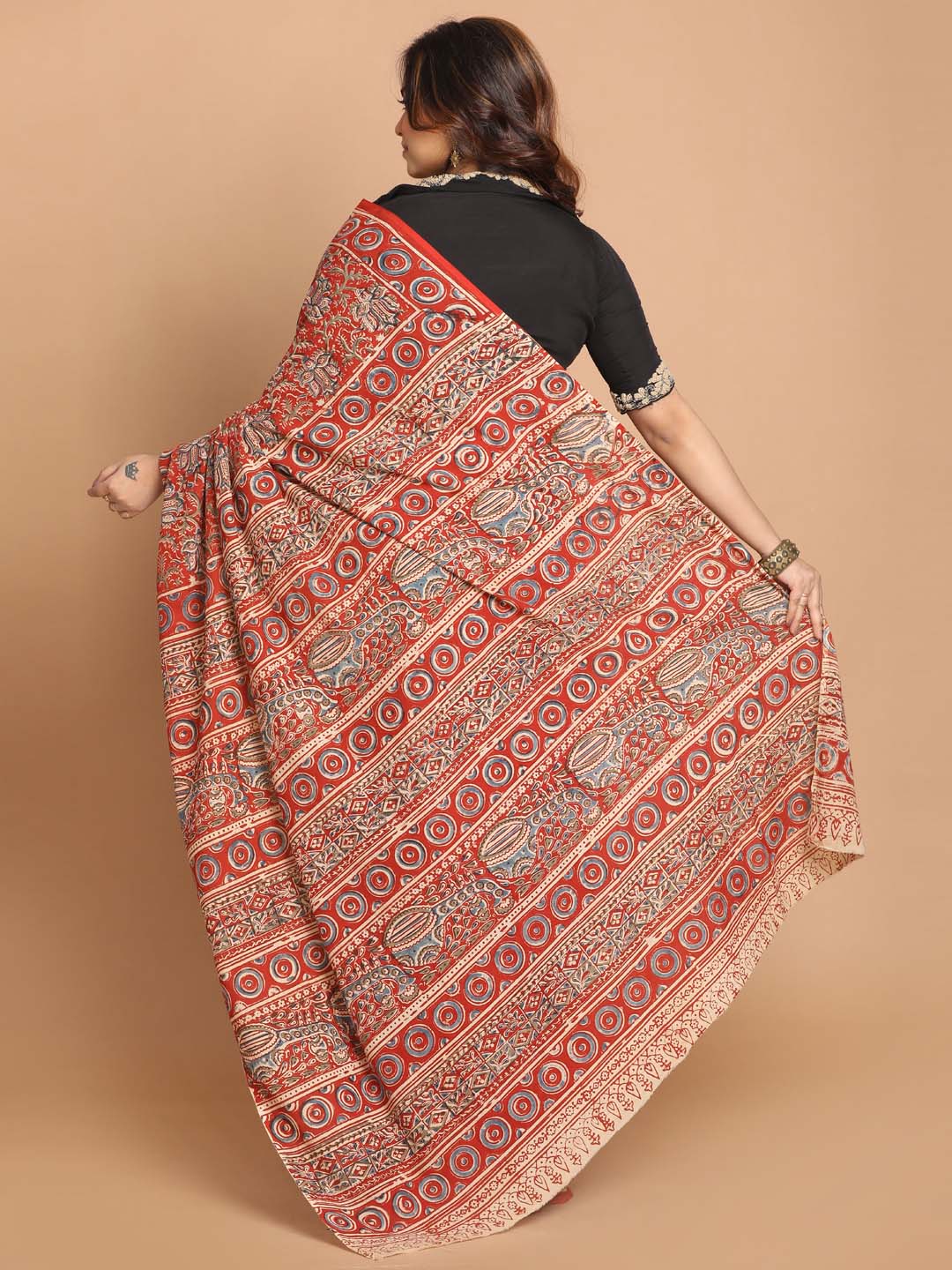 Indethnic Kalamkari Handblock Mulmul Cotton Saree - View 3