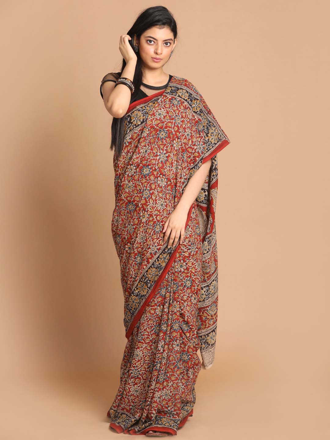 Indethnic Kalamkari Handblock Mulmul Cotton Saree - View 1