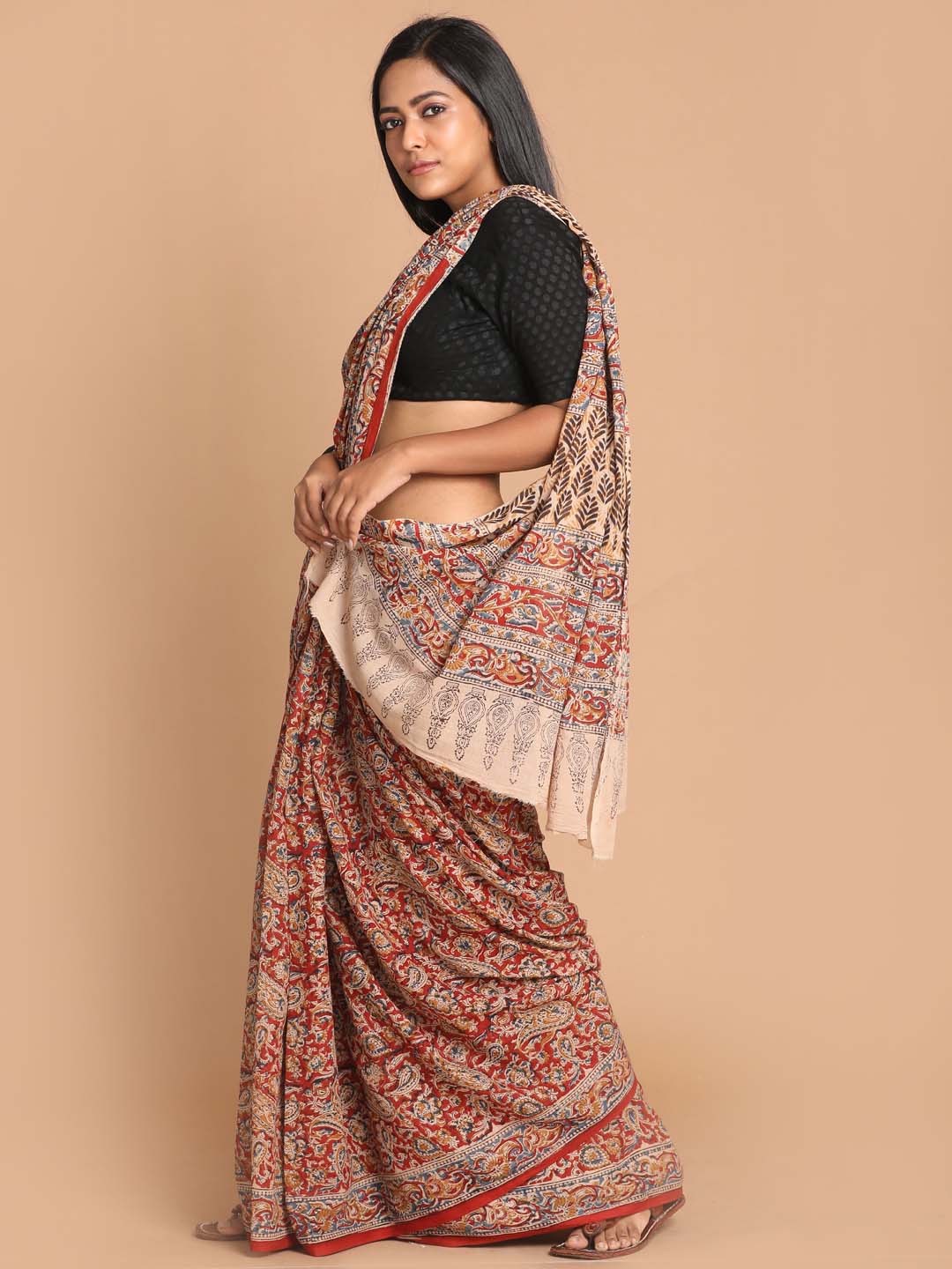 Indethnic Kalamkari Handblock Mulmul Cotton Saree - View 2