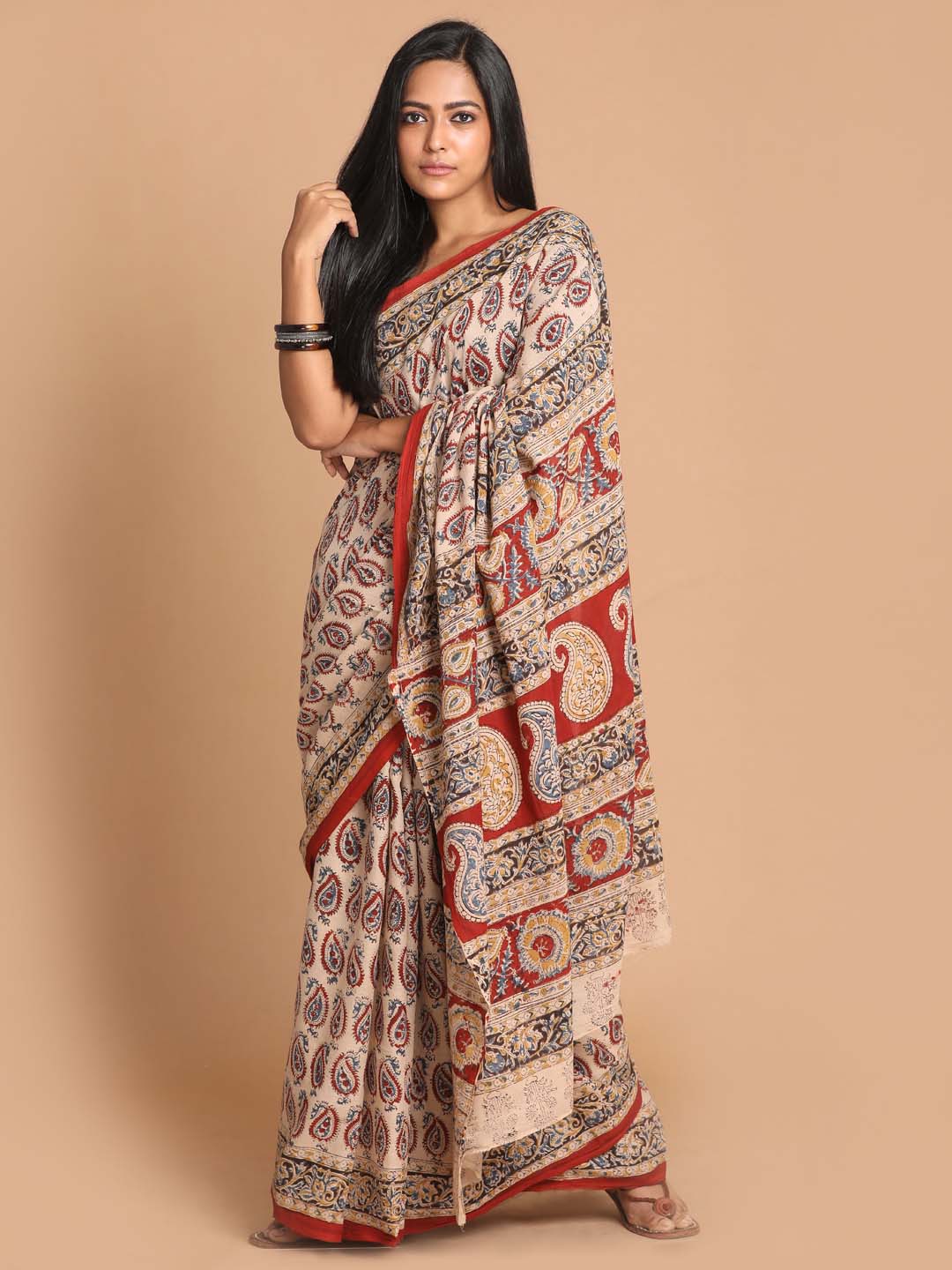 Indethnic Kalamkari Handblock Mulmul Cotton Saree - View 1