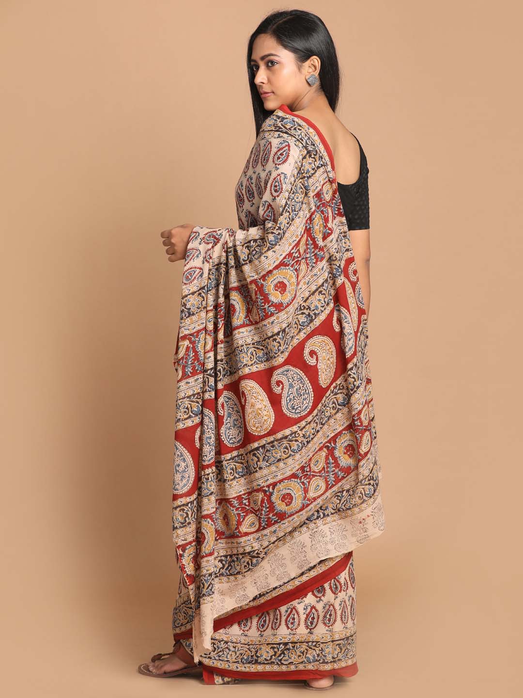 Indethnic Kalamkari Handblock Mulmul Cotton Saree - View 3