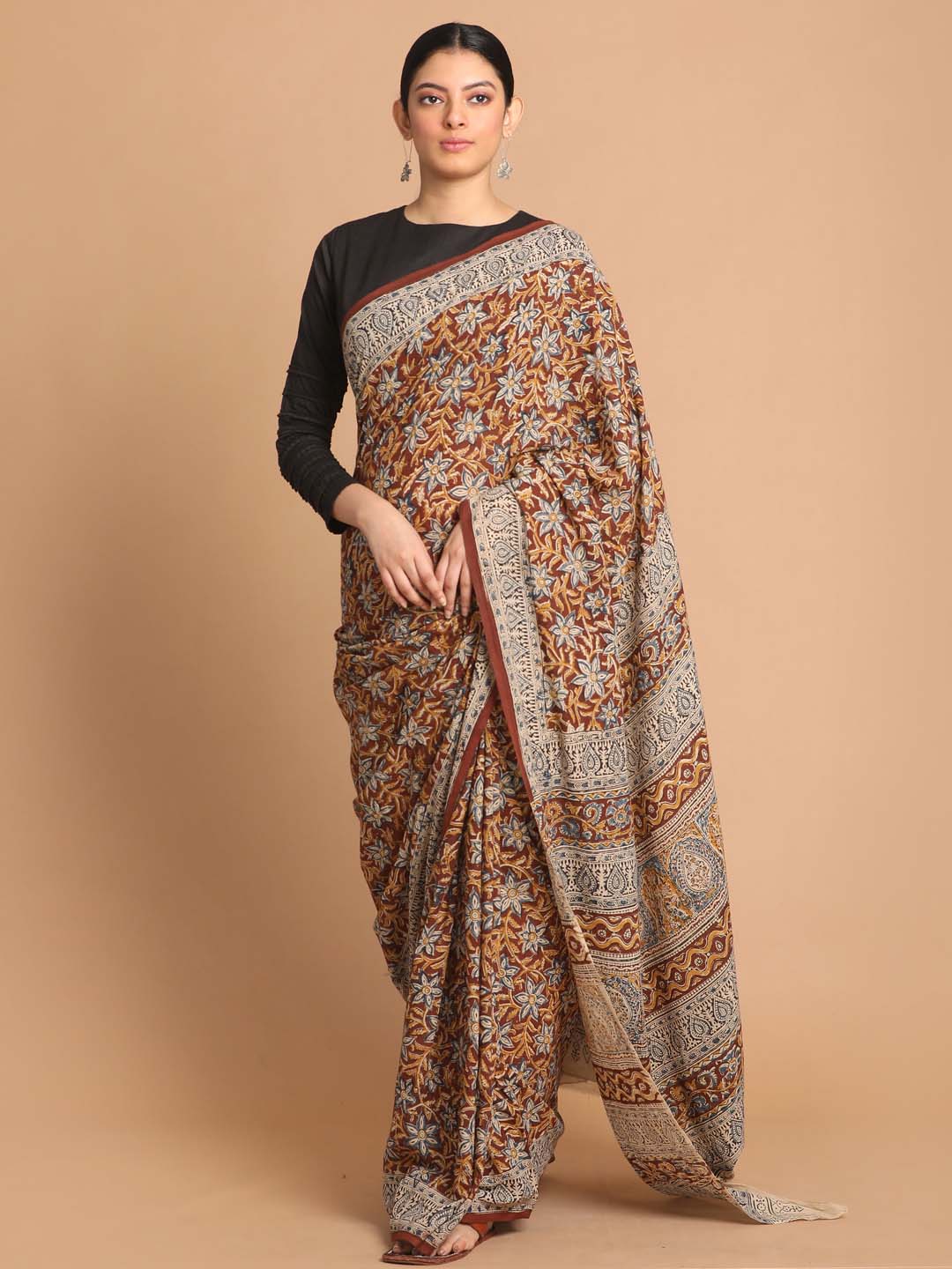 Indethnic Kalamkari Handblock Mulmul Cotton Saree - View 1