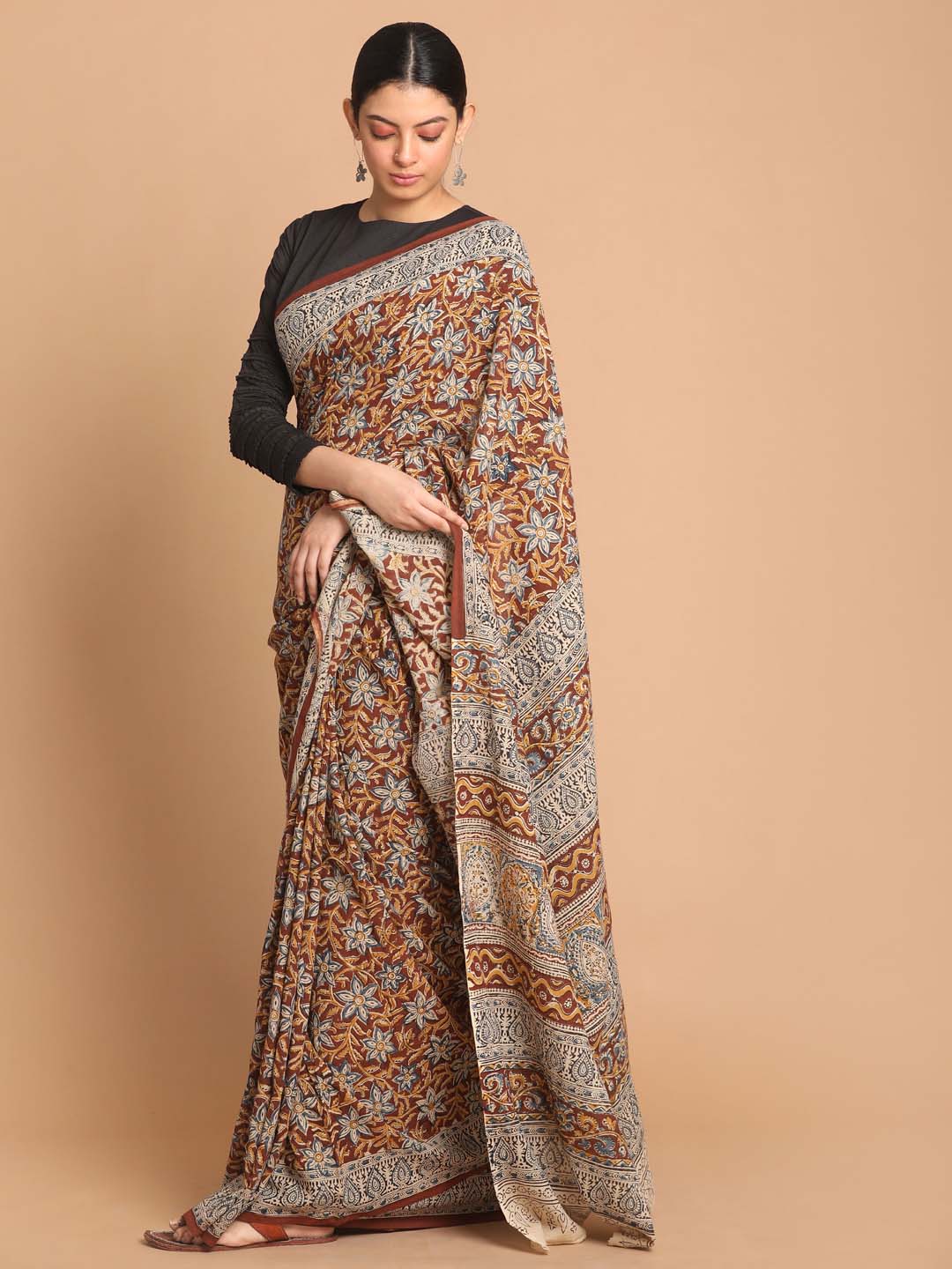 Indethnic Kalamkari Handblock Mulmul Cotton Saree - View 2