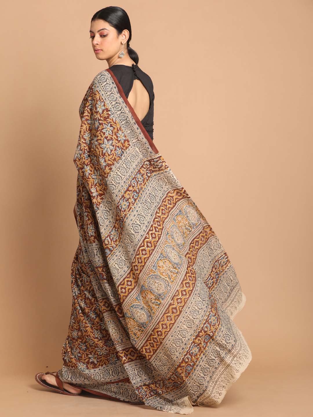 Indethnic Kalamkari Handblock Mulmul Cotton Saree - View 3