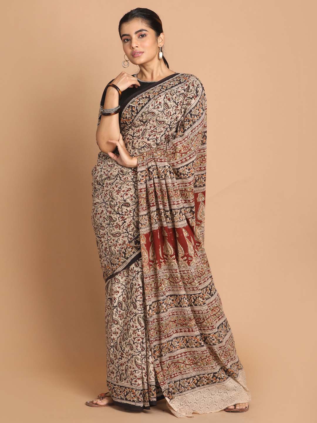 Indethnic Kalamkari Handblock Mulmul Cotton Saree - View 1