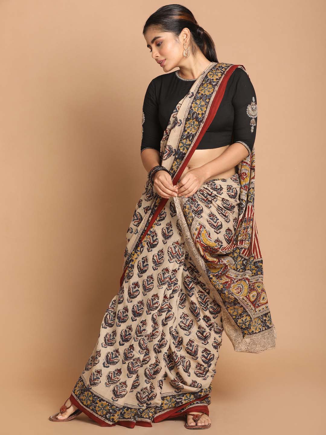 Indethnic Kalamkari Handblock Mulmul Cotton Saree - View 1