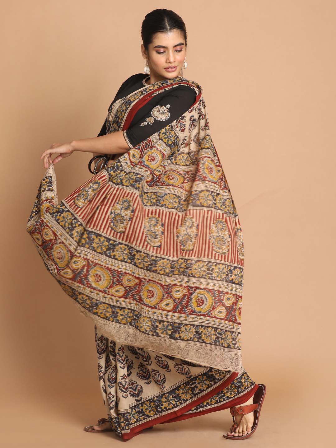 Indethnic Kalamkari Handblock Mulmul Cotton Saree - View 2