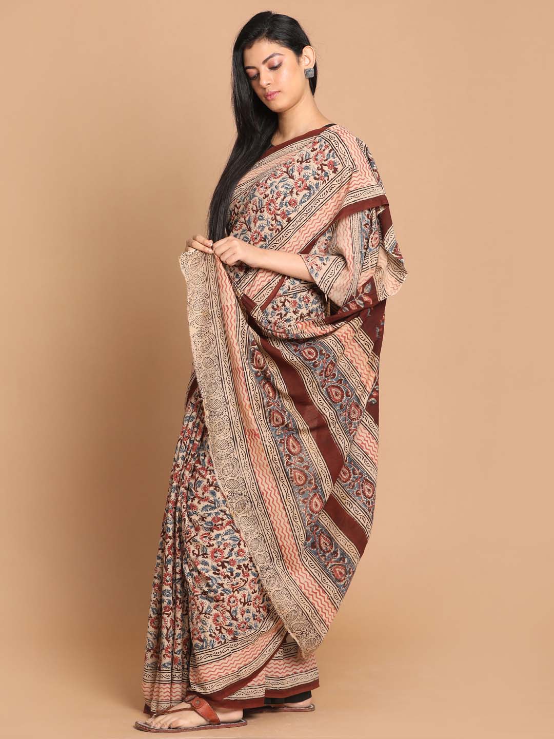 Indethnic Kalamkari Handblock Mulmul Cotton Saree - View 2