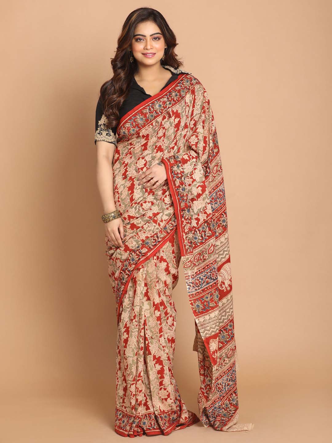 Indethnic Kalamkari Handblock Mulmul Cotton Saree - View 1