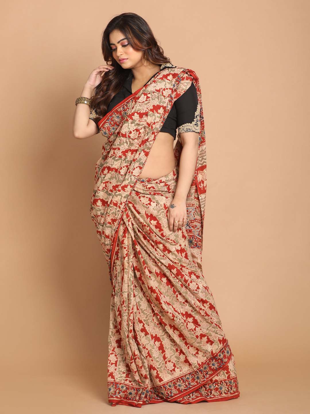 Indethnic Kalamkari Handblock Mulmul Cotton Saree - View 2