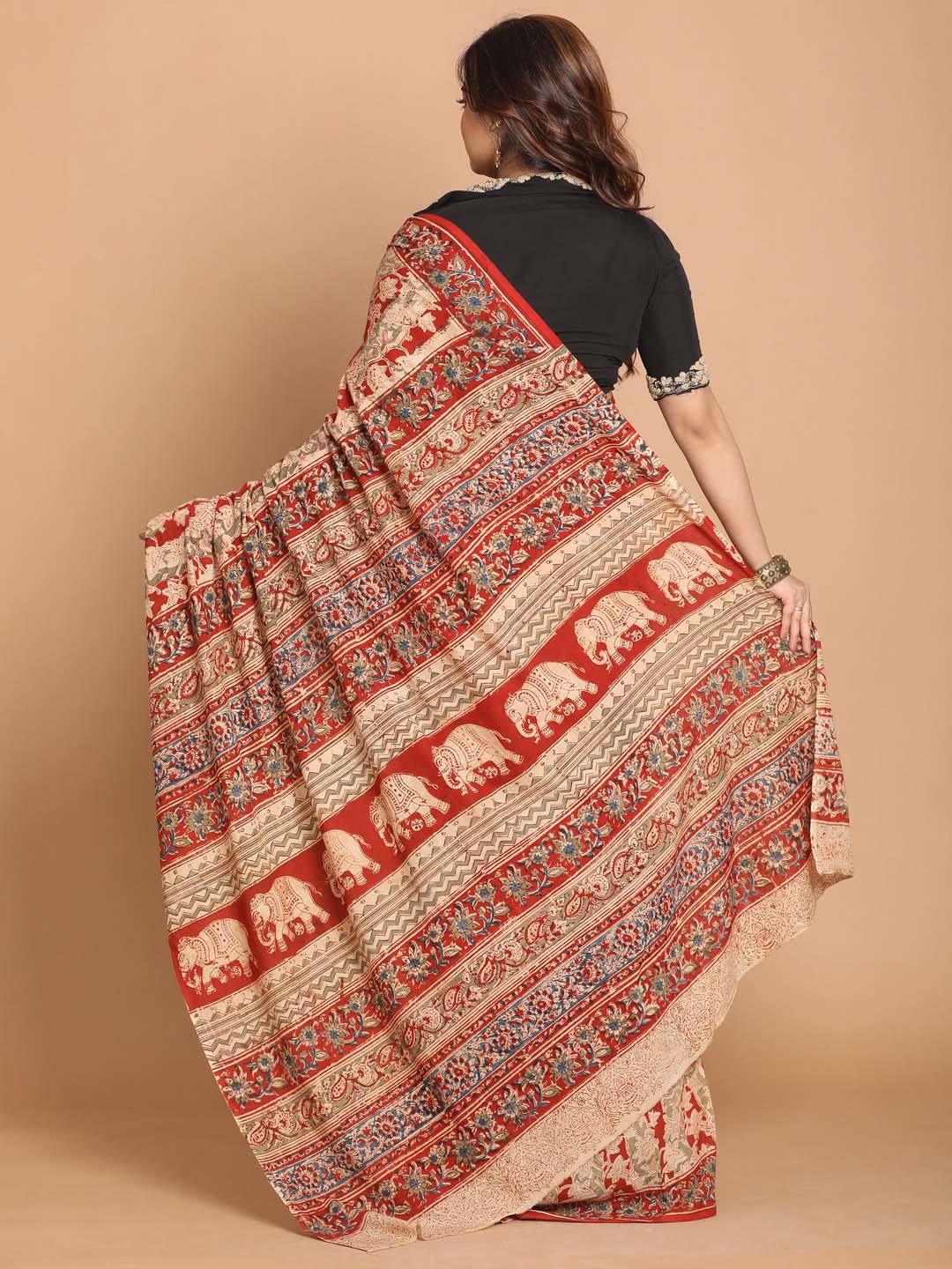 Indethnic Kalamkari Handblock Mulmul Cotton Saree - View 3