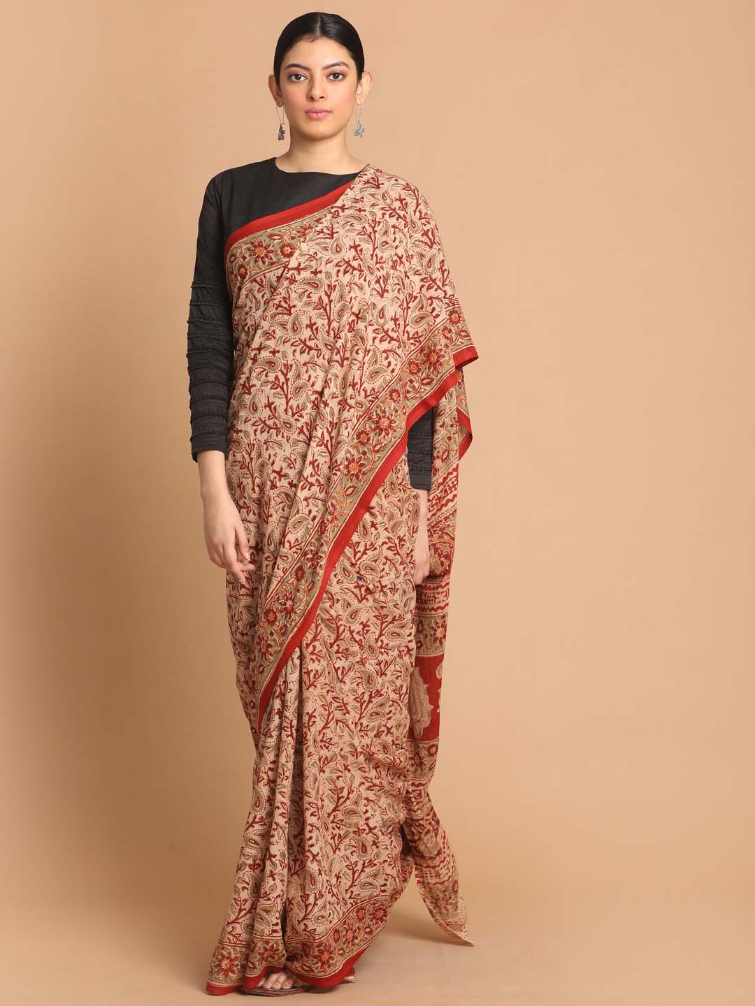 Indethnic Kalamkari Handblock Mulmul Cotton Saree - View 1