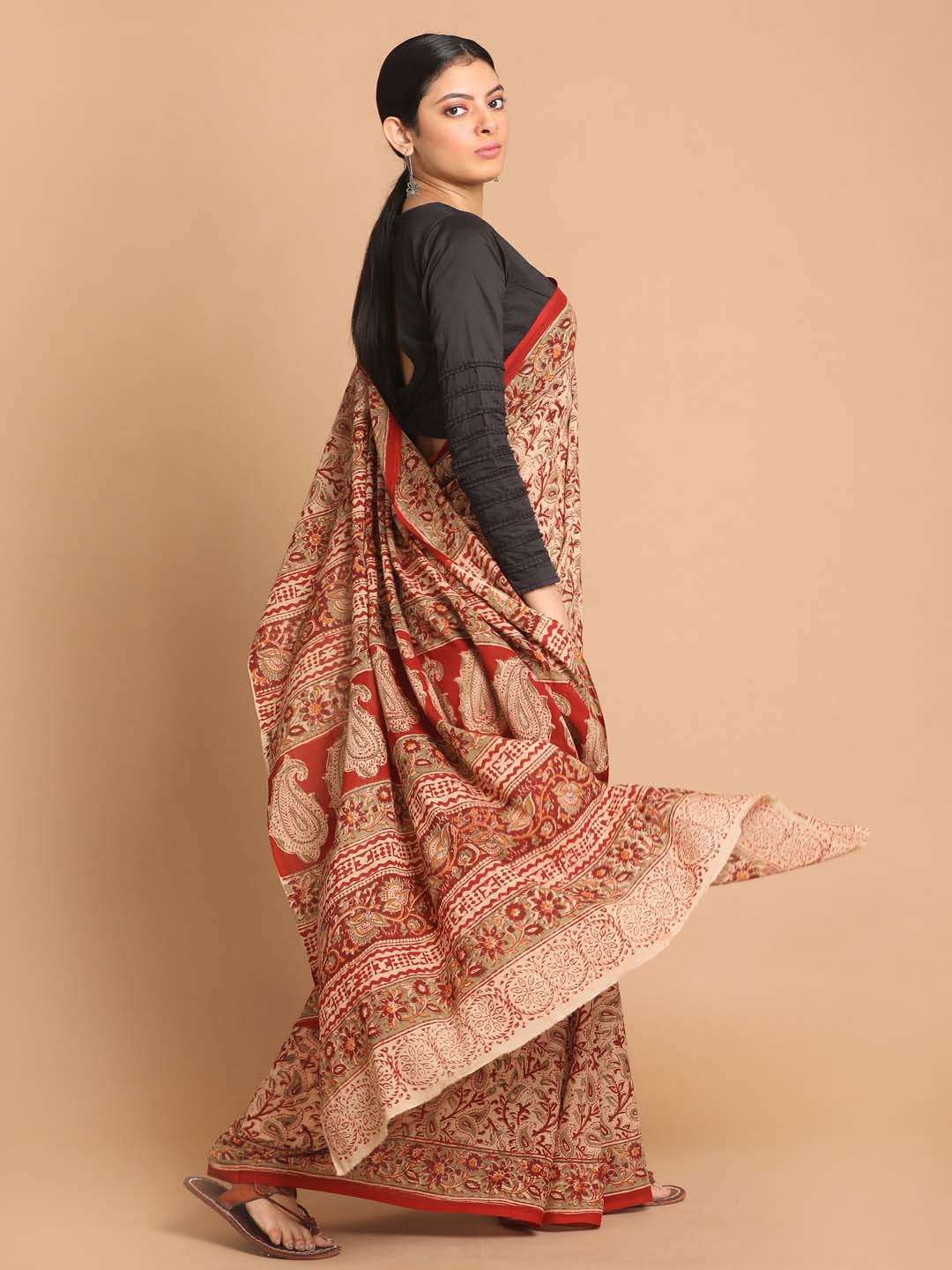 Indethnic Kalamkari Handblock Mulmul Cotton Saree - View 2