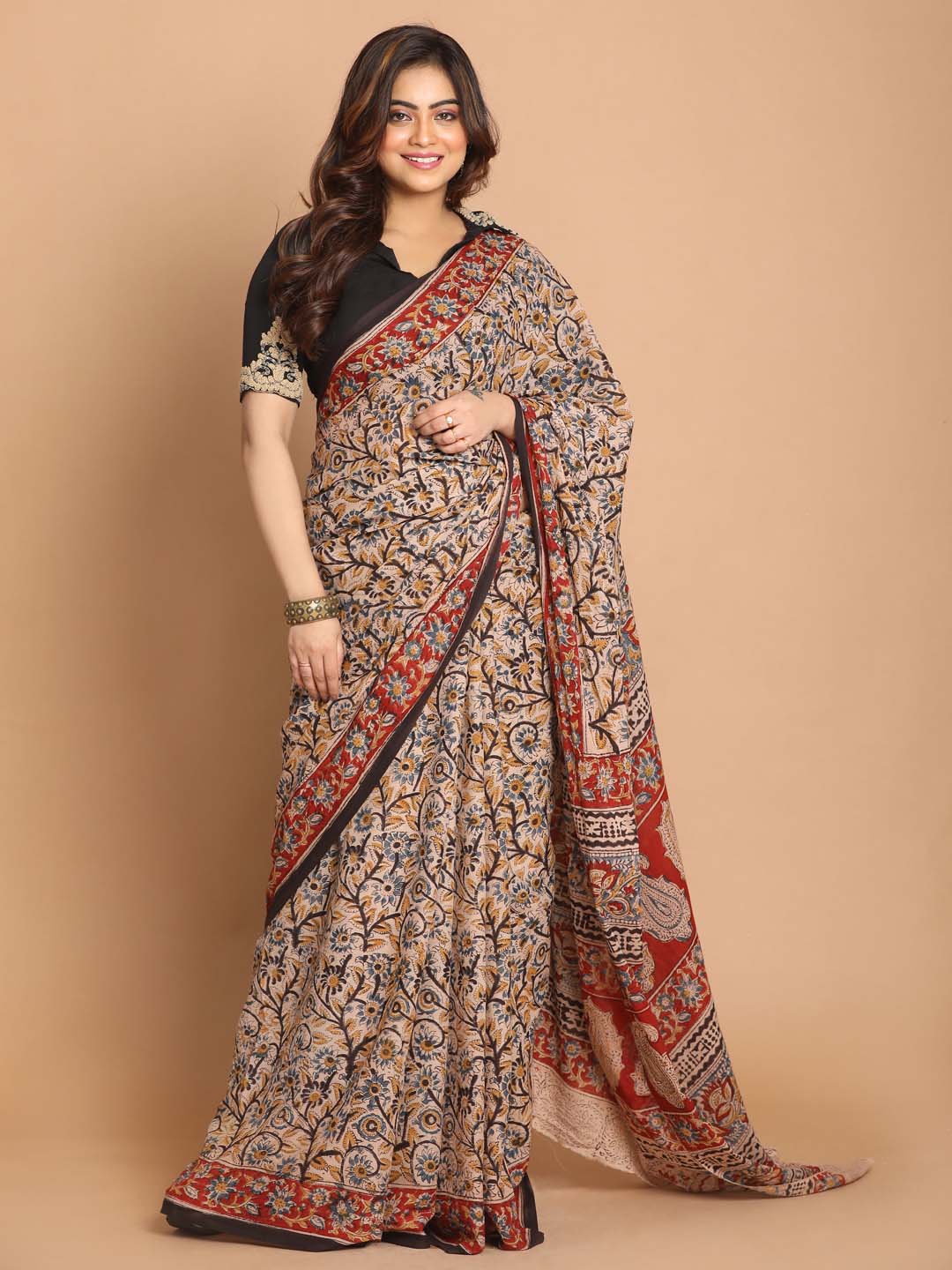 Indethnic Kalamkari Handblock Mulmul Cotton Saree - View 1