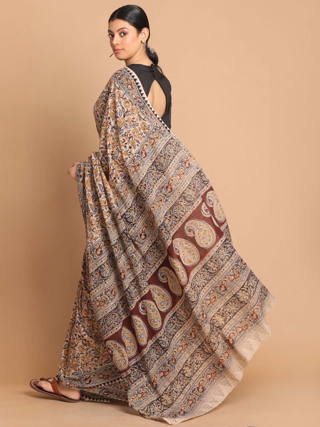 Indethnic Kalamkari Handblock Mulmul Cotton Saree - View 3