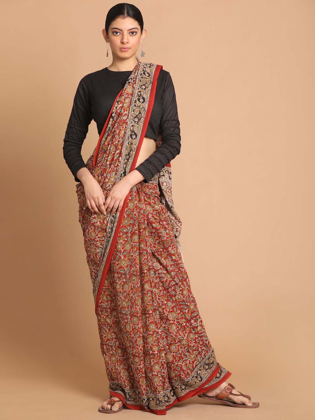 Indethnic Kalamkari Handblock Mulmul Cotton Saree - View 1