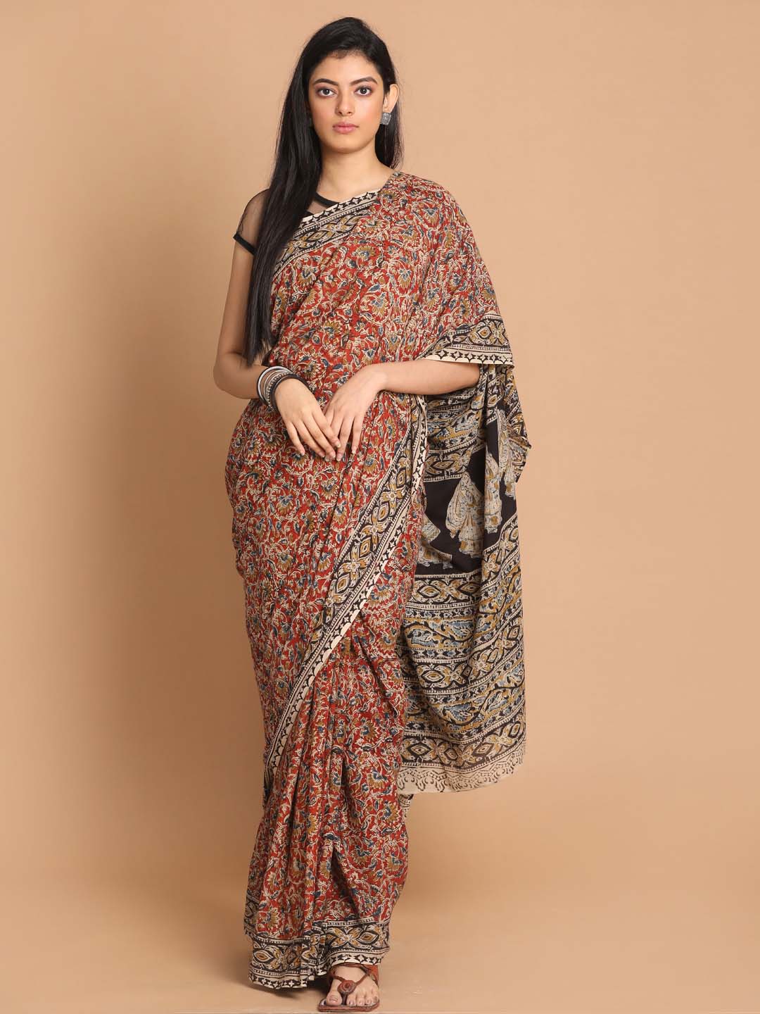 Indethnic Kalamkari Handblock Mulmul Cotton Saree - View 1