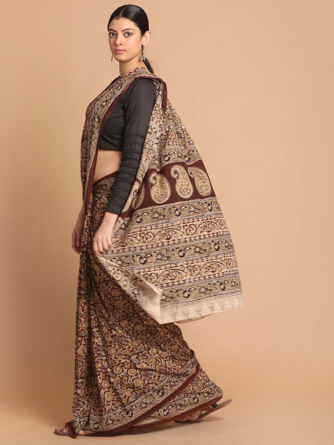 Indethnic Kalamkari Handblock Mulmul Cotton Saree - View 1