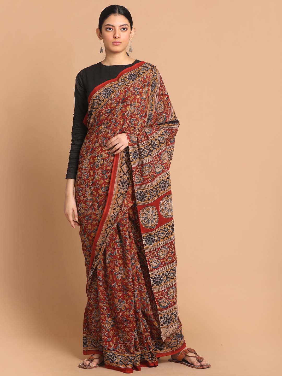 Indethnic Kalamkari Handblock Mulmul Cotton Saree - View 1