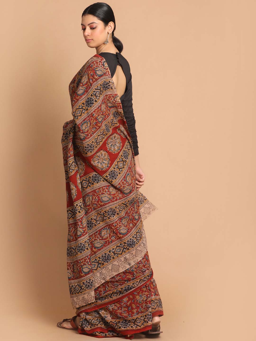 Indethnic Kalamkari Handblock Mulmul Cotton Saree - View 3