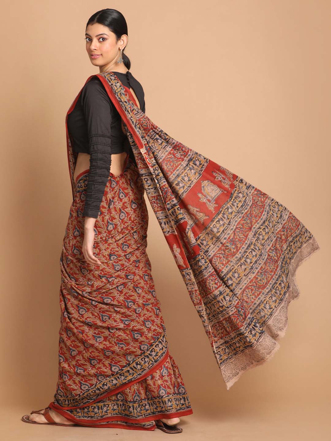 Indethnic Kalamkari Handblock Mulmul Cotton Saree - View 3