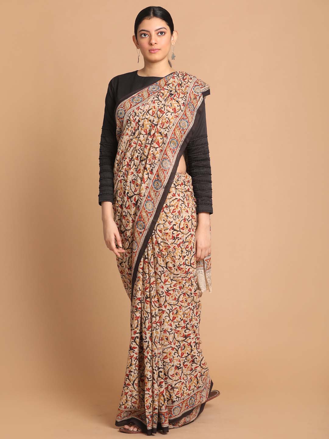 Indethnic Kalamkari Handblock Mulmul Cotton Saree - View 1