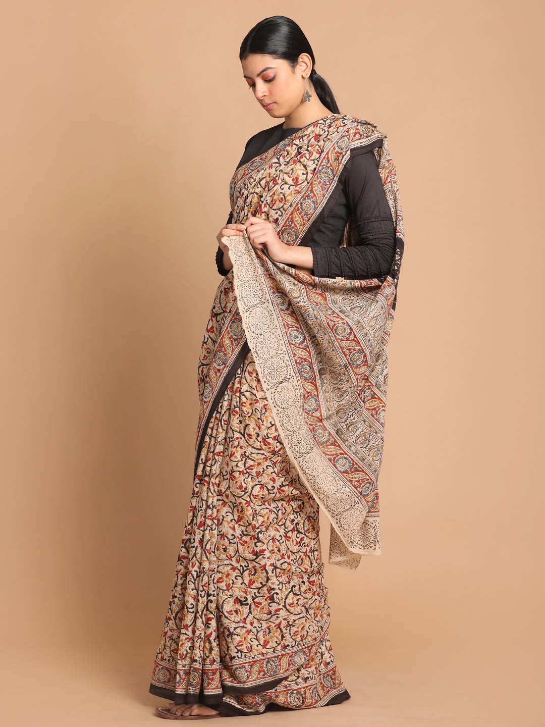 Indethnic Kalamkari Handblock Mulmul Cotton Saree - View 2