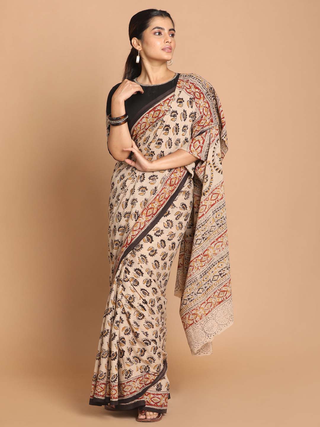 Indethnic Kalamkari Handblock Mulmul Cotton Saree - View 1