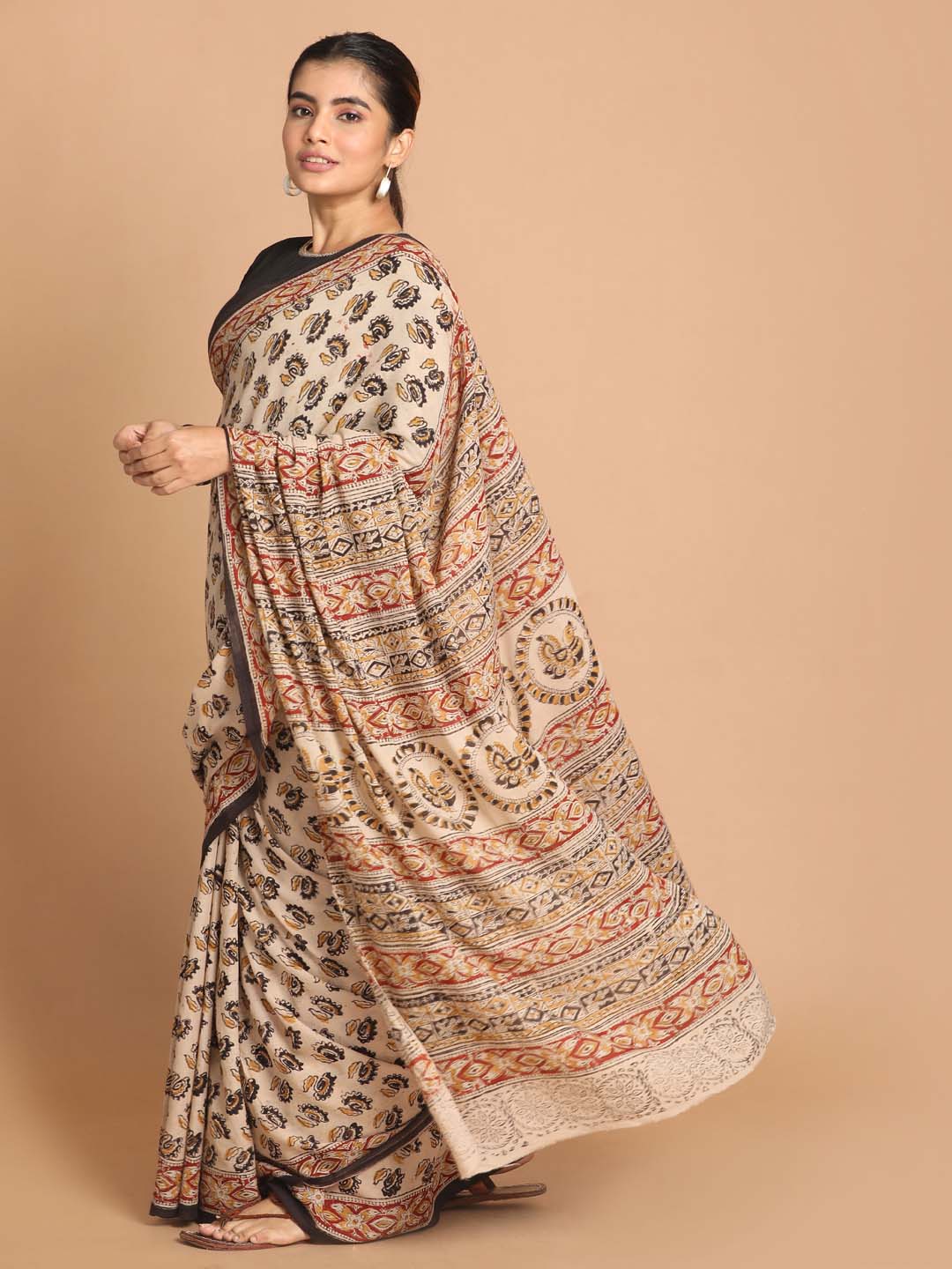 Indethnic Kalamkari Handblock Mulmul Cotton Saree - View 2