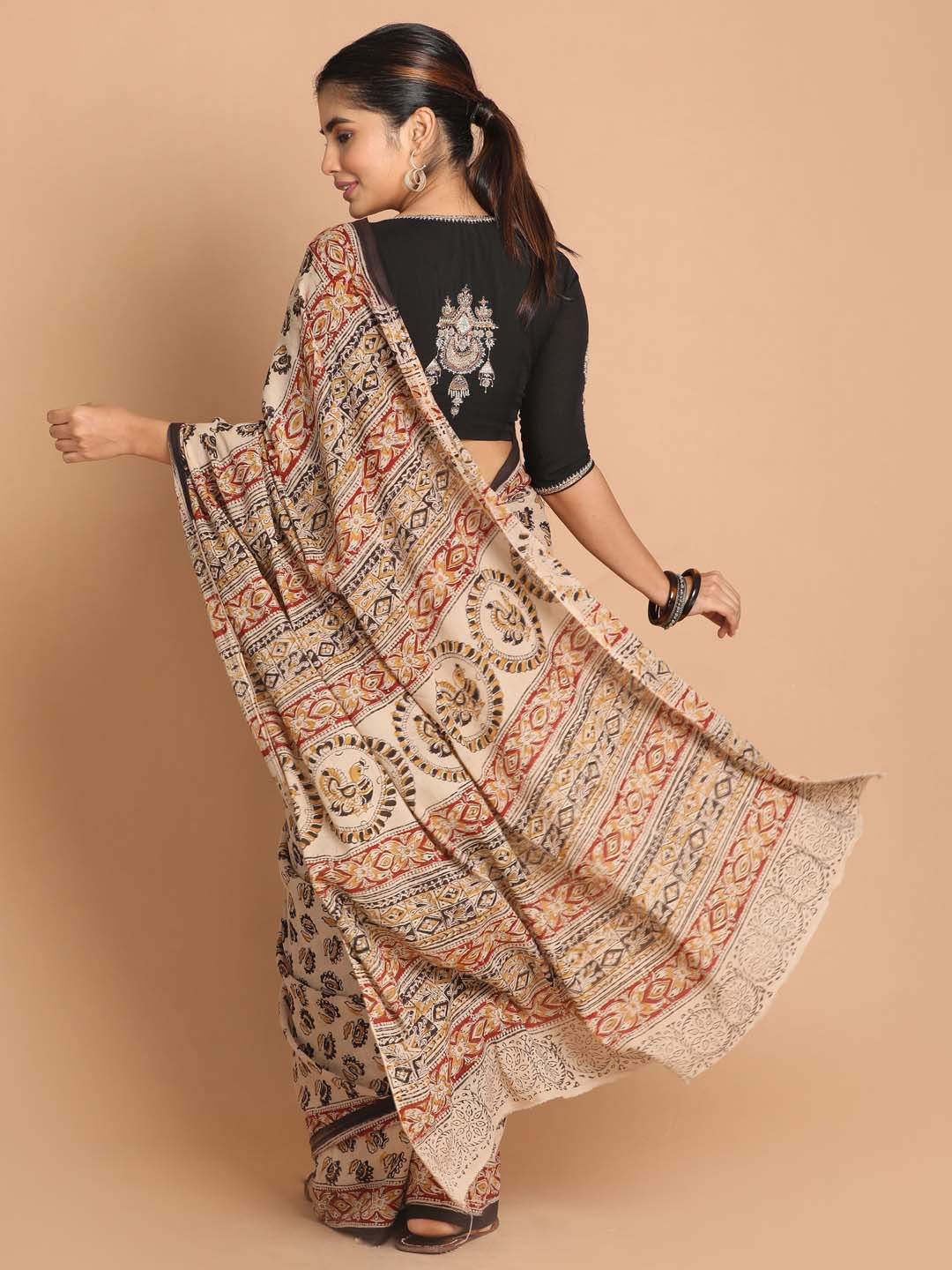 Indethnic Kalamkari Handblock Mulmul Cotton Saree - View 3