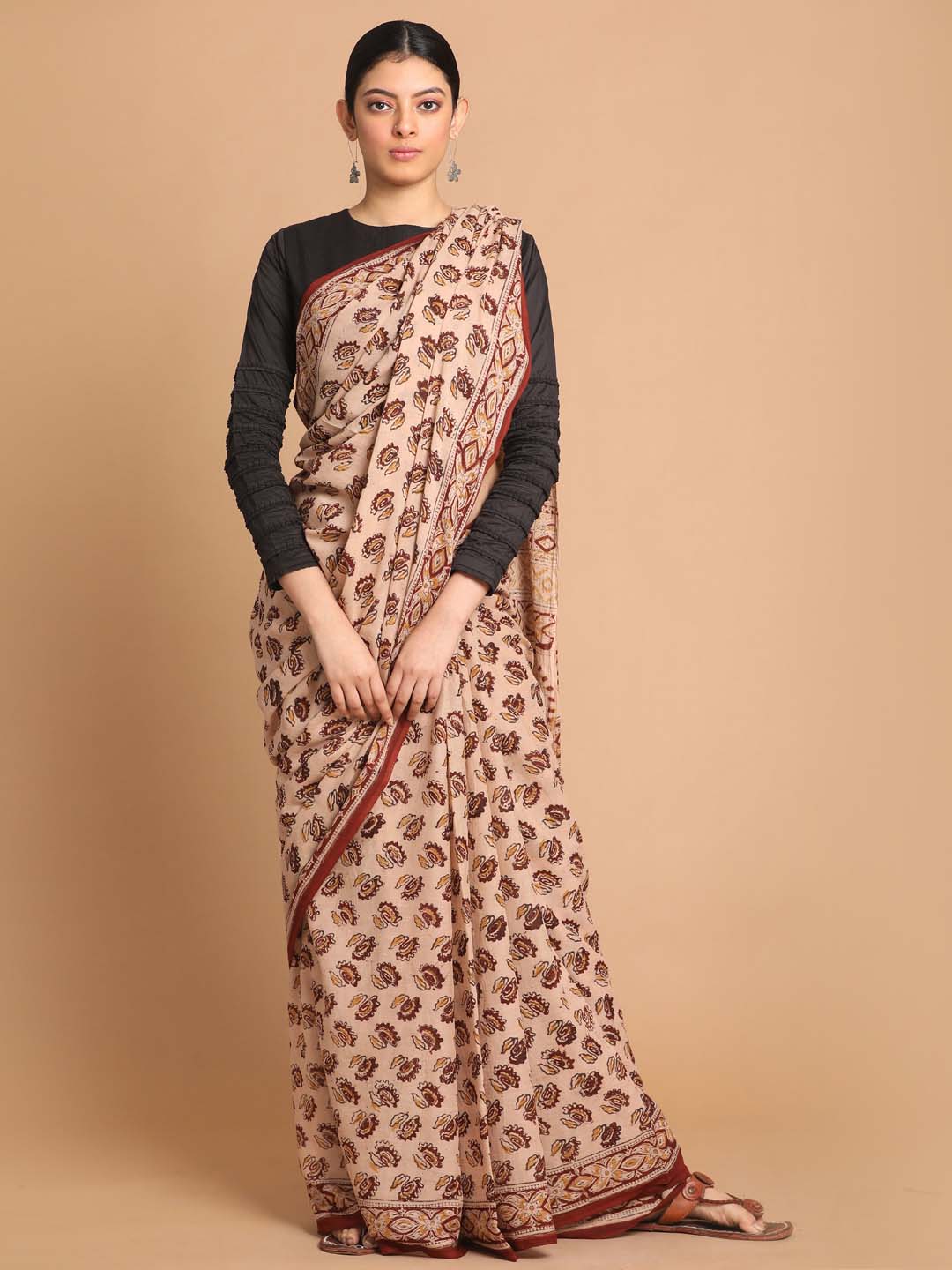 Indethnic Kalamkari Handblock Mulmul Cotton Saree - View 2