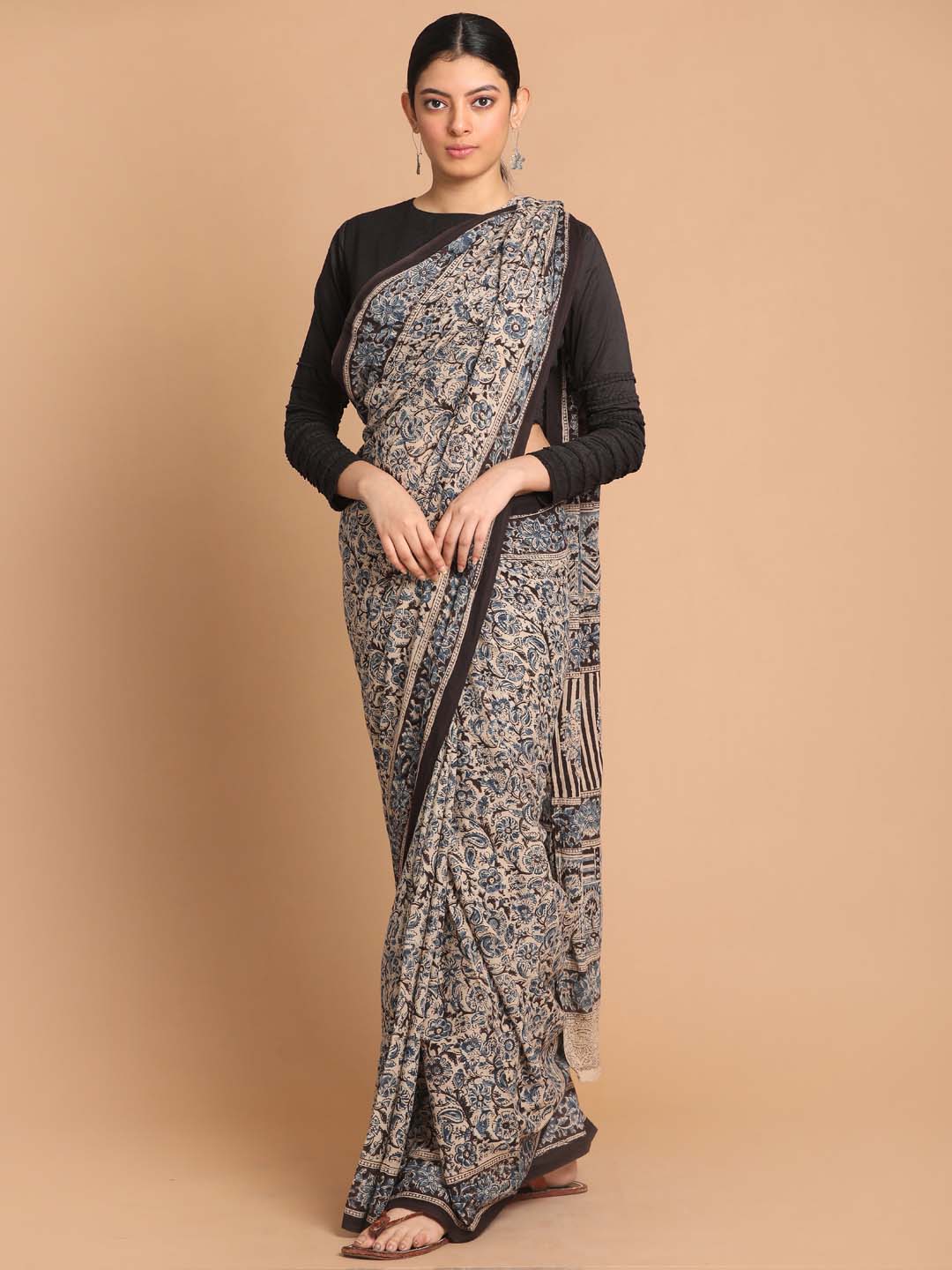 Indethnic Kalamkari Handblock Mulmul Cotton Saree - View 1