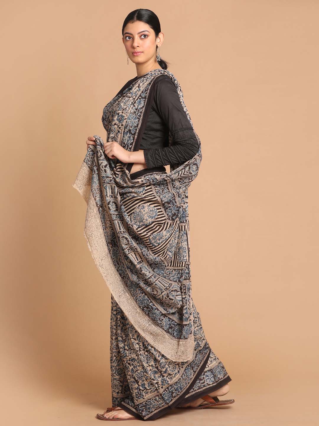 Indethnic Kalamkari Handblock Mulmul Cotton Saree - View 2