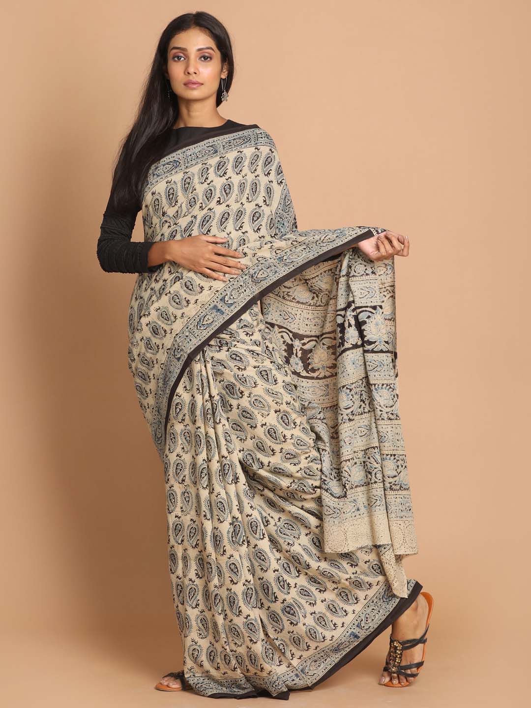 Indethnic Kalamkari Handblock Mulmul Cotton Saree - View 1