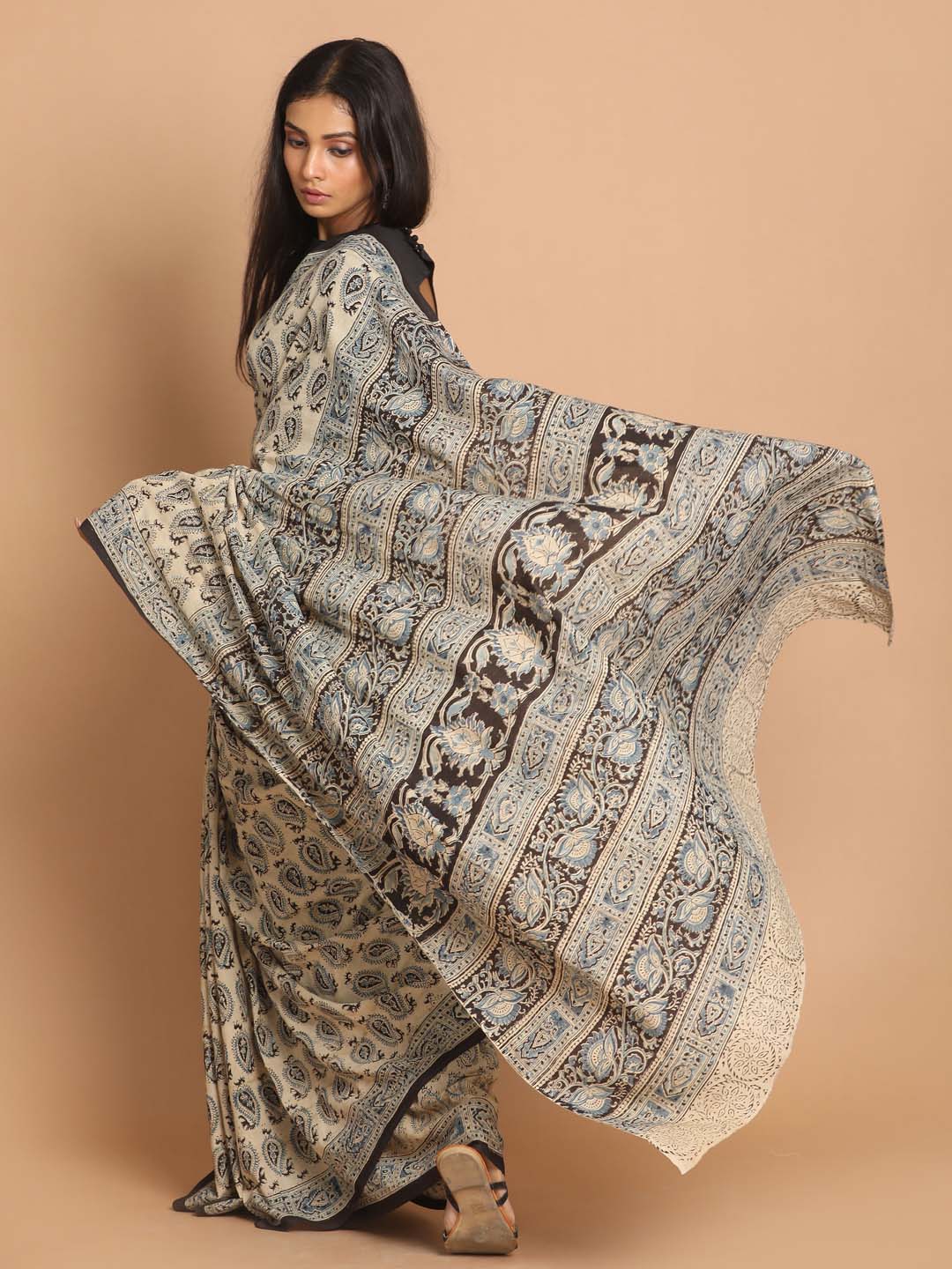 Indethnic Kalamkari Handblock Mulmul Cotton Saree - View 3