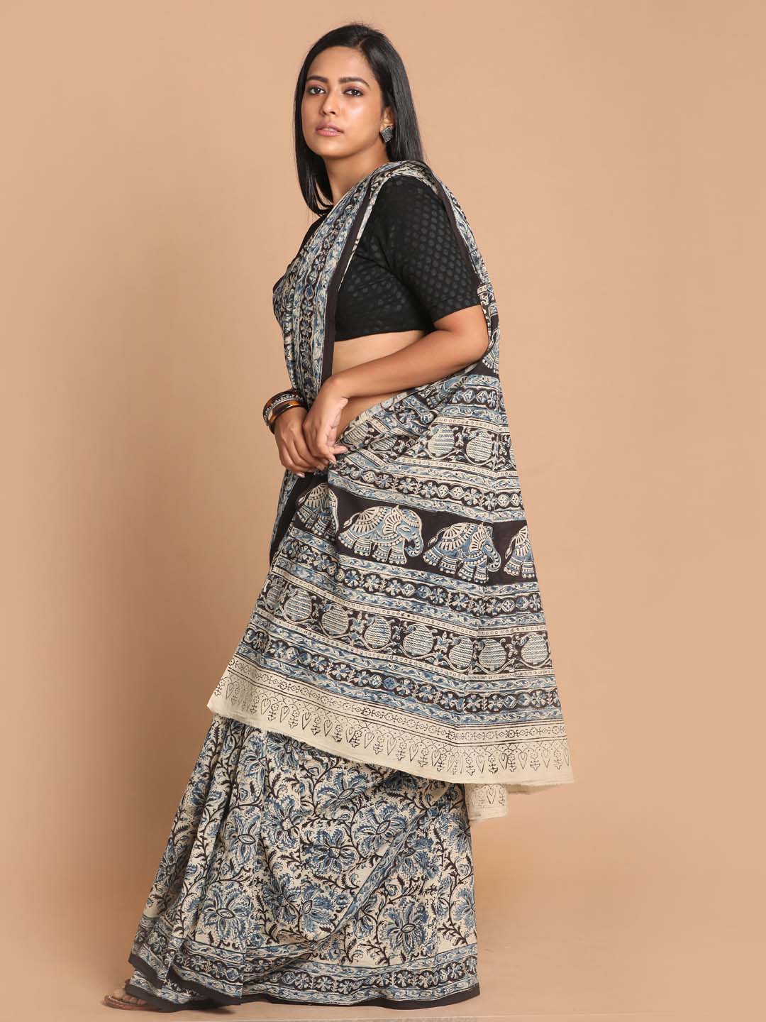 Indethnic Kalamkari Handblock Mulmul Cotton Saree - View 2