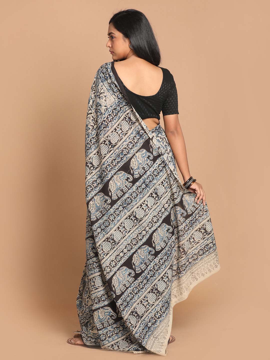 Indethnic Kalamkari Handblock Mulmul Cotton Saree - View 3